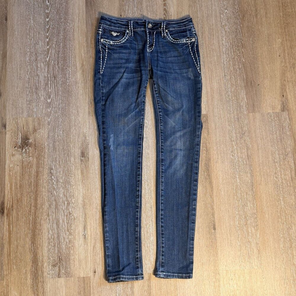 L.A. Idol USA Jeans Juniors Size 5 Blue Low-Rise Rhinestone Embroidered Denim